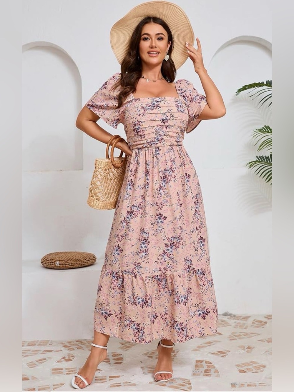 Floral Puff-Sleeve Midi Dress in Dusty Beige